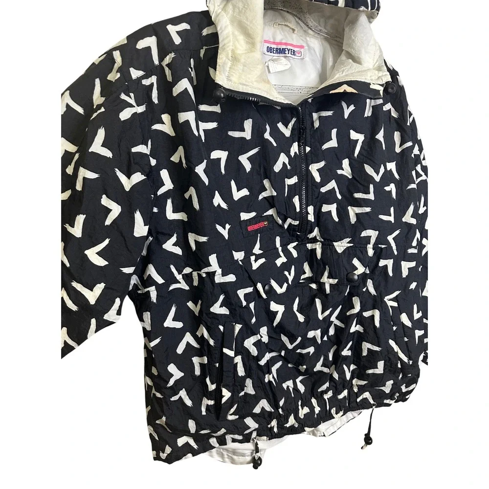 Obermeyer Pullover Anorak Jacket Black‎ White Abstract Print Vintage 90s